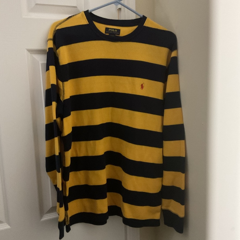 Polo by Ralph Lauren Men's Black and Yellow Striped Long Sleeve Shirt